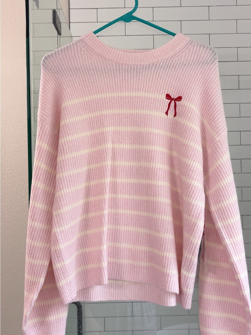 a new day Pink & Cream Striped Crewneck Sweater with Red Bow Embroidery